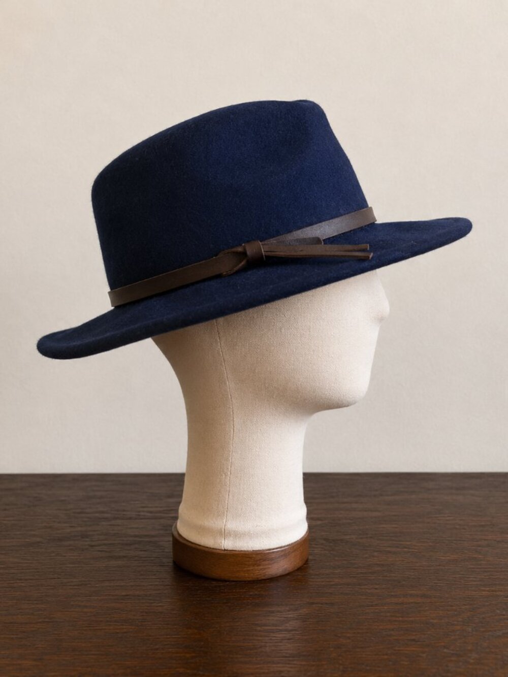 D&Y Navy Blue 100% Wool Felt Fedora Hat Brown Leather Band Wide Brim